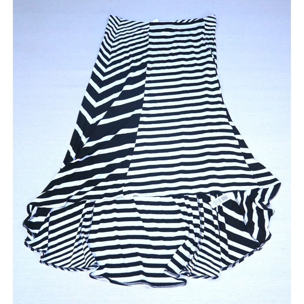 Chicos Womens 1 M Black White Striped High Low A Line Skirt Chevron Panels Knit